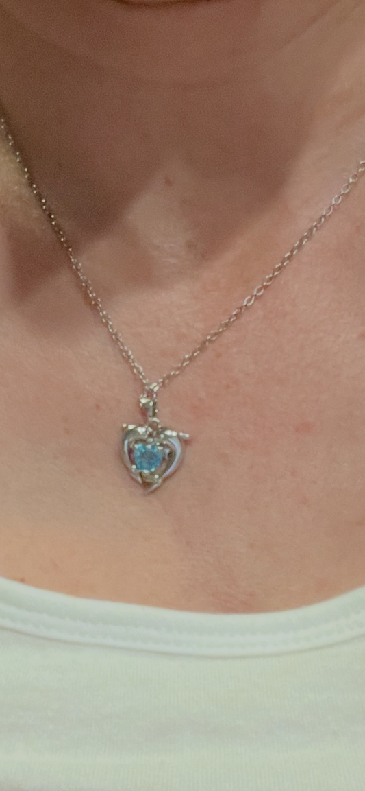 Silver Dolphin Heart Necklace with Blue Stone