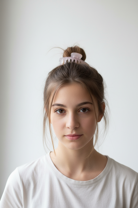Front view of teenager wearing light pink hair claw clip