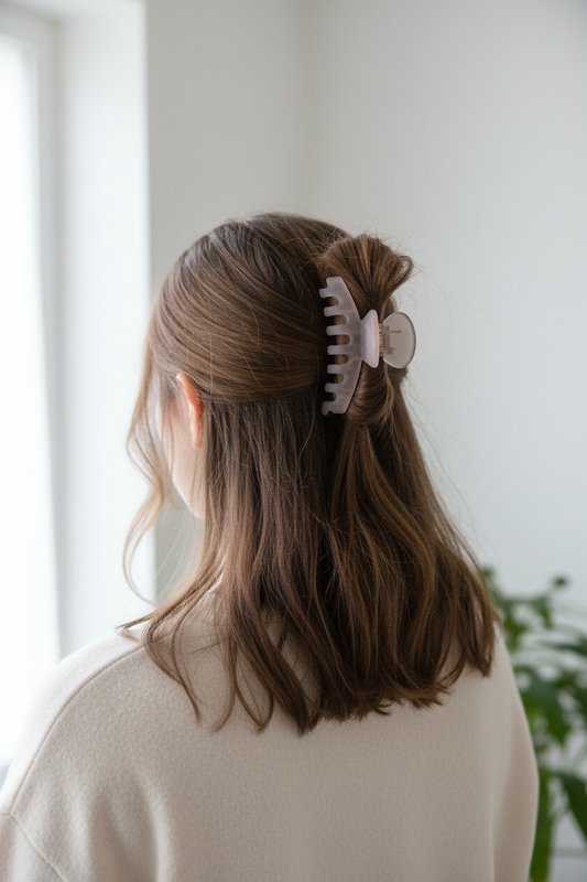 Teenager with hair up using light pink claw clip